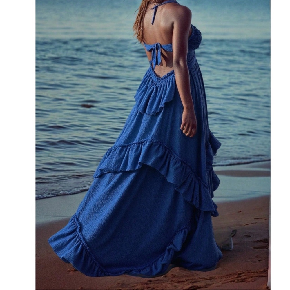 Boho Blue Halter Ruffle Detail Summer Maxi Dress XS S M L